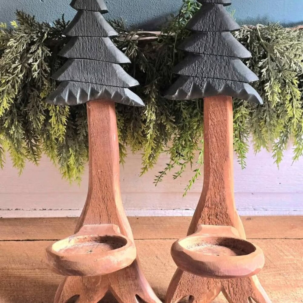 Primitive Set of 2 Wood Tree Pillar Candle Holders Sconces Cabin Wall Decor